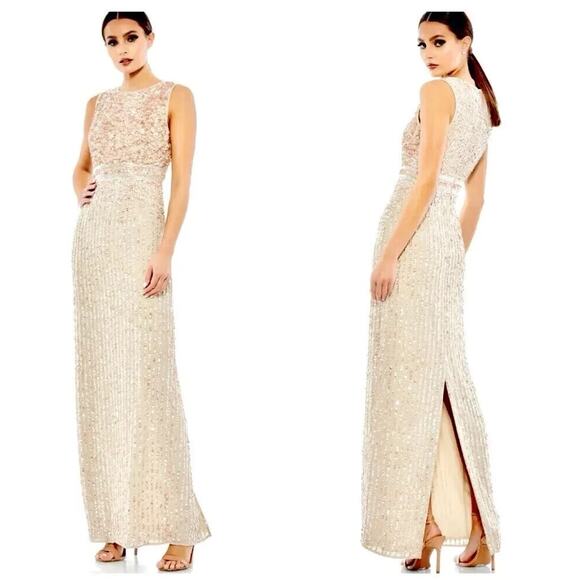 NWT Mac Duggal SEQUINED HIGH NECK SLEEVELESS COLUMN GOWN Sz 0 NUDE PINK 93606 - Picture 2 of 7